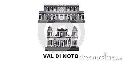 Italy, Val Di Noto flat travel skyline set. Italy, Val Di Noto black city vector illustration, symbol, travel sights Vector Illustration