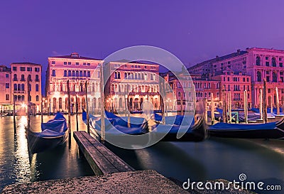 Italy Venice grand canal gondola pier row anchored overnight Stock Photo