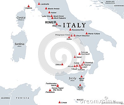 Italy, active, dormant and underwater volcanoes, political map Vector Illustration