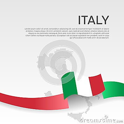 Italy wavy flag and mosaic map on white background. Wavy ribbon color flag of italy. National poster. Vector tricolor design Vector Illustration