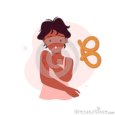 Itching allergic symptom in sick child, girl scratching arms after eating wheat bun Vector Illustration