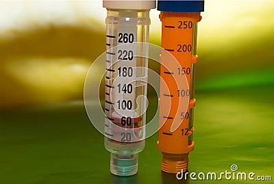 The item handles with divisions, which gives the ability to track the quantity of insulin pen, for administration to patients with Stock Photo