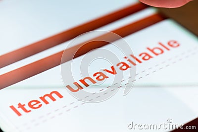 Item unavailable text on smart phone screen Stock Photo