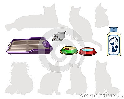 Items for cats. Tray. Shampoo. Bowl of food, water, mechanical clockwork mouse. Vector Illustration