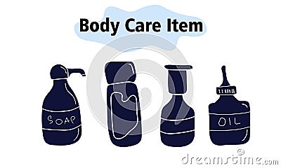 Items and elements for body care. Bathroom items, cosmetics, liquid soap, shampoo, oil. In a solid style. Vector Vector Illustration