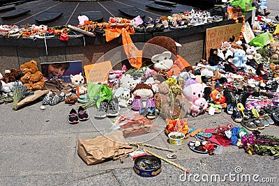 Items left in memory of the 215 indigenous children whose remains found on Residential School grounds in Canada Editorial Stock Photo