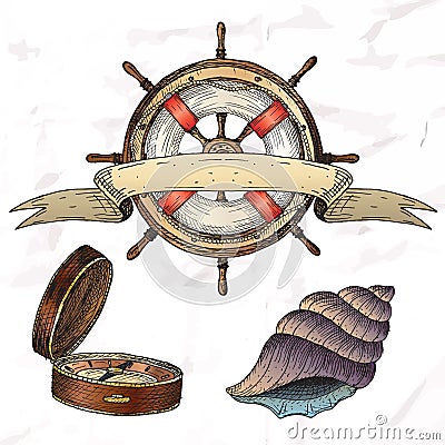 Items on the marine theme. Vector Illustration