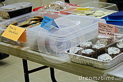 Items set up on a table at a bake sale Stock Photo