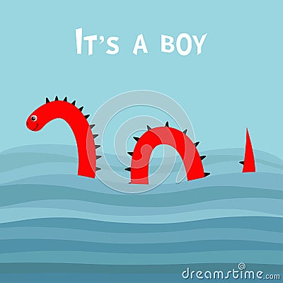 Its a boy. Baby shower. Water monster thorns, eye, tail Swimming floating Sea ocean wave. Snake shape. Loch Ness Nessy fictional c Vector Illustration