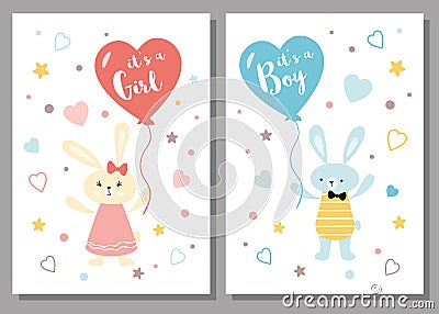 Its a boy its a girl Baby shower greeting card Baby announcement Cute kids design element rabbit balloon Cartoon Illustration