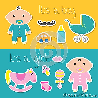 Its a boy girl banner set Baby shower card Vector Illustration