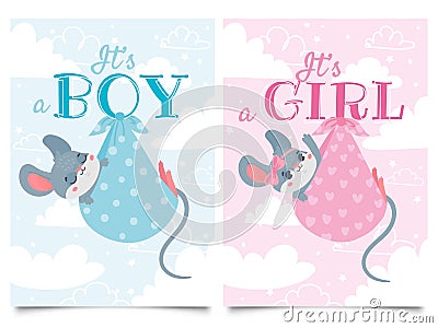 Its Boy and Girl cards. Baby shower label with cute mouse, mice children vector cartoon illustration set Vector Illustration
