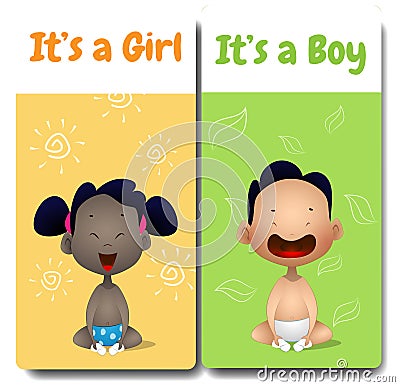 Its a boy and Its a girl cards. Hello baby card. Vector Illustration