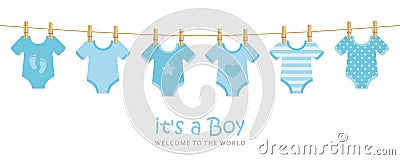 Its a boy welcome greeting card for childbirth with hanging baby bodysuits Vector Illustration