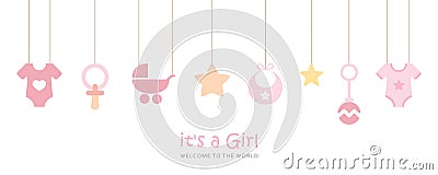 its a girl welcome greeting card for childbirth with hanging baby utensils Vector Illustration