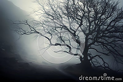 In a haunting, fog-shrouded landscape, a creepy tree stands Stock Photo