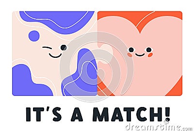 Its match, concept card. Two connected puzzle pieces, hearts together, love couple. Romantic relationship, happy smiling Vector Illustration