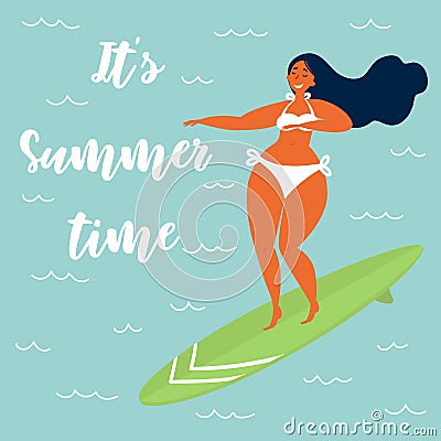 Hawaiian girl in swimsuit is surfing in the ocean Vector Illustration