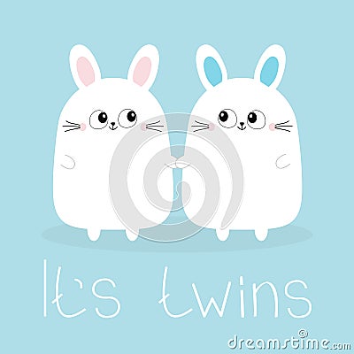 Its twins. Boy Girl. Two cute twin bunny rabbit set holding hands. Hare head couple family icon. Cute cartoon funny smiling charac Vector Illustration