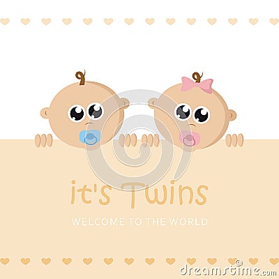 Its twins boy and girl welcome greeting card for childbirth with baby face Vector Illustration