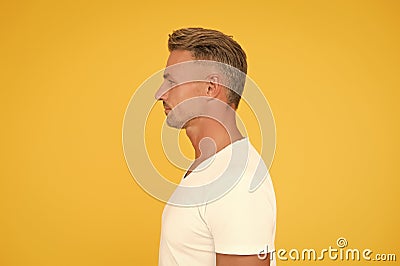 Because its your hair. Man in profile yellow background. Handsome man with stylish hair. Unshaven guy with facial hair Stock Photo