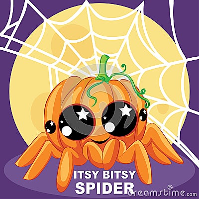 Itsy Bitsy Spider pumpkin Halloween, Kids English Nursery Rhymes book illustration in vector. Cartoon Illustration