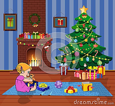 Ittle baby girl open gift boxes with presents in living room with Christmas tree and fireplace Vector Illustration