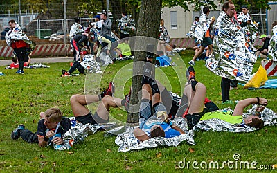 2016.09.25: IV Moscow Marathon.The athletes finish the marathon distance. Editorial Stock Photo