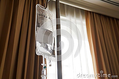 IV tube and bag saline solution, hospital Stock Photo