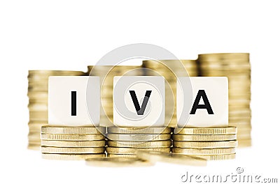 IVA (Value Added Tax) on Piles of Gold Coins with a White Background Stock Photo