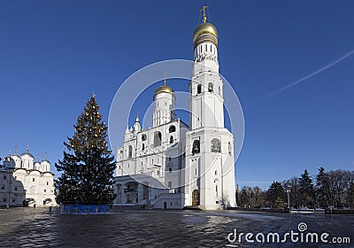 Ivan the Great Bell-Tower complex with New Year Christmas tree. Cathedral Square, Inside of Moscow Kremlin, Russia. Editorial Stock Photo