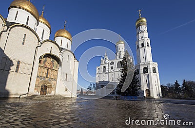 Ivan the Great Bell-Tower complex with New Year Christmas tree. Cathedral Square, Inside of Moscow Kremlin, Russia. Editorial Stock Photo