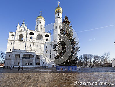 Ivan the Great Bell-Tower complex with New Year Christmas tree. Cathedral Square, Inside of Moscow Kremlin, Russia. Editorial Stock Photo