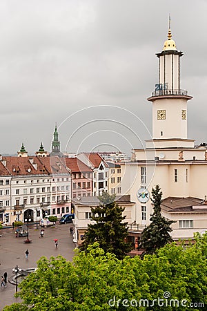 Ivano-Frankivsk Town Hall and Market Square, Ivano-Frankivsk, Ukraine Editorial Stock Photo