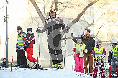 Ivica Kostelic skiing with kids Editorial Stock Photo