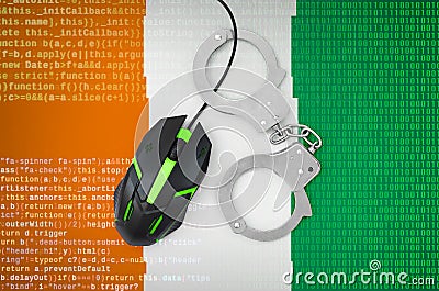 Ivory Coast flag and handcuffed computer mouse. Combating computer crime, hackers and piracy Stock Photo