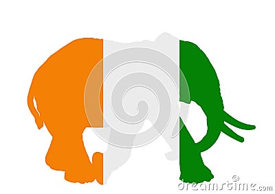 Ivory Coast flag over elephant male national animal symbol vector silhouette illustration isolated. Cartoon Illustration