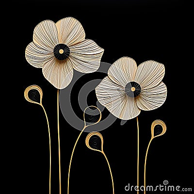 Miniature Gold Flowers On Black: Precise Lines And Contours In Paper Sculptures Stock Photo