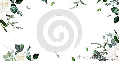 Ivory roses, white peony and magnolia, cedar, fern, eucalyptus, fern, salal, greenery, vector horizontal design banner Vector Illustration