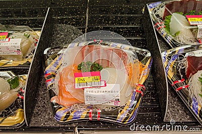Sashimi - raw fish set for sale at japanese food market Editorial Stock Photo