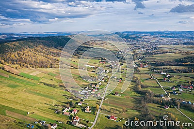 Iwkowa village country in Brzesko Poland. Polish mountains and hills aerial drone photo Stock Photo