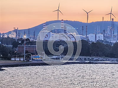 Izmir Aliaga oil refinery with spherical tank, sea bay and distillation towers Editorial Stock Photo