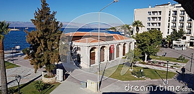 Izmir Cesme Castle, city side view from the castle walls, town hall, palm trees and holiday Editorial Stock Photo