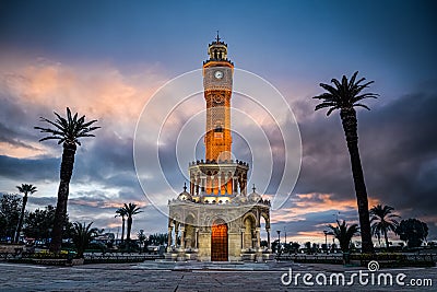 Izmir Clock Tower view in Konak square. Famous place. Sunset colors Editorial Stock Photo