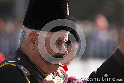 Portrait of Celal Dolasir The Combat Veteran with his uniform and wife. He has a Beautiful and masculine mustache Editorial Stock Photo