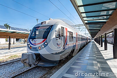 TCDD train, Turkish State Railways fast train, at platform in Izmir city, Turkey Editorial Stock Photo