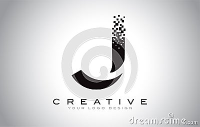 J Initial Letter Logo Design with Digital Pixels in Black and White Colors Vector Illustration