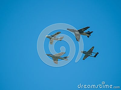 J28 Vampire, J29 Tunnan, J32 Lansen and J34 Hawker Hunter at GÃ¶teborg Aero Show.. Editorial Stock Photo
