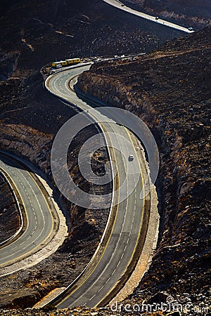 Jabal Jais mountain road at sunset. The highest mountain in the Stock Photo