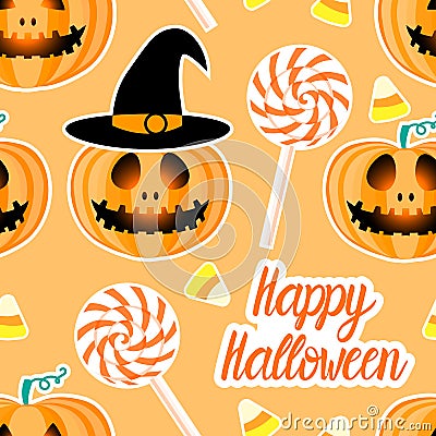 Jack lantern with easy and Candy corn. Happy Halloween jackolantern seamless pattern. Vector illustration isolated on Vector Illustration